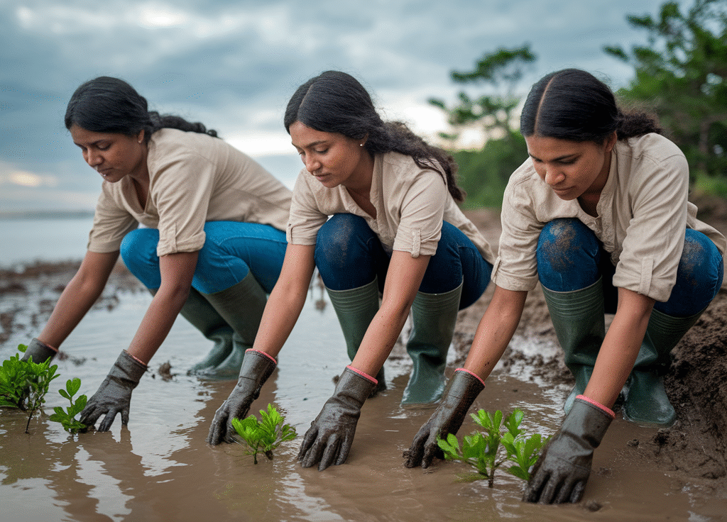 Reviving India’s Mangroves: The Unsung Heroes of Climate Resilience showing Sahyog Foundation volunteers planting mangrove saplings along Maharashtra’s coast to protect against climate change.